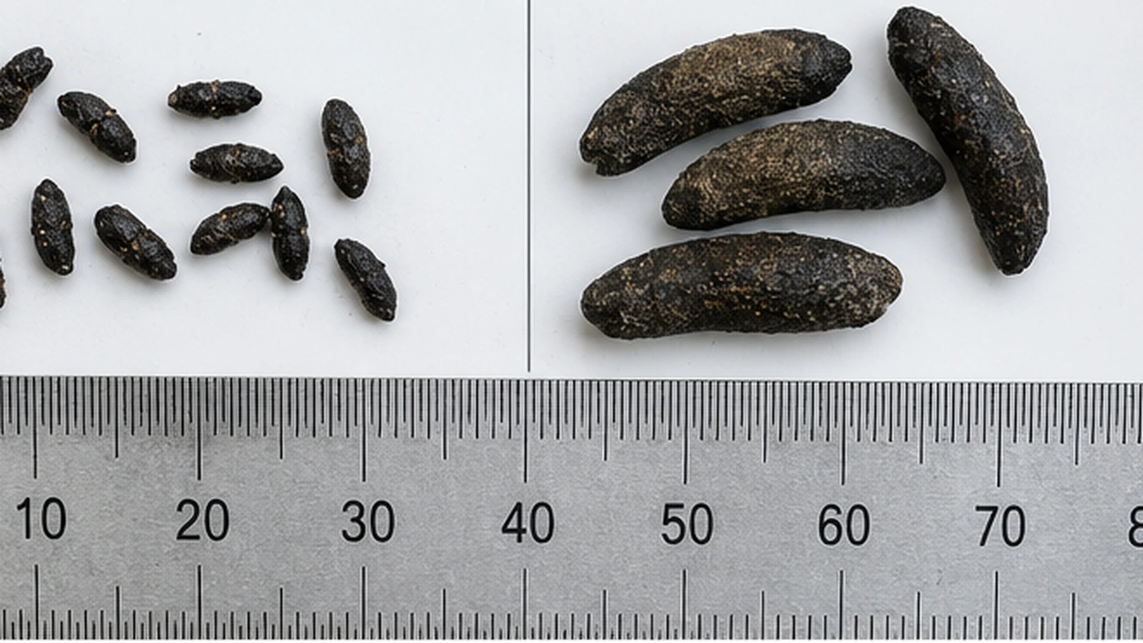 Muselort og rottelort sammenlignet med lineal